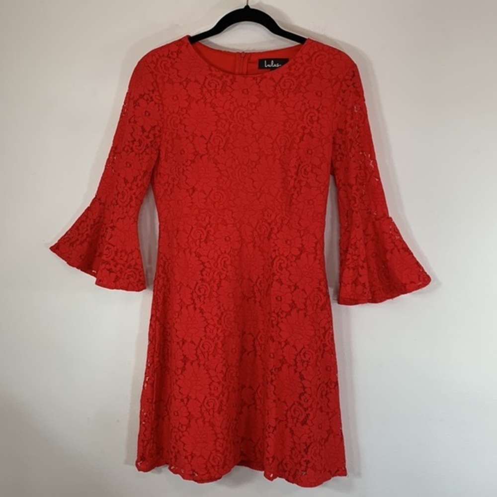 Lulus Crochet Lace 3/4 Bell Sleeves Women’s Size M Red Lined Zip Up Dress